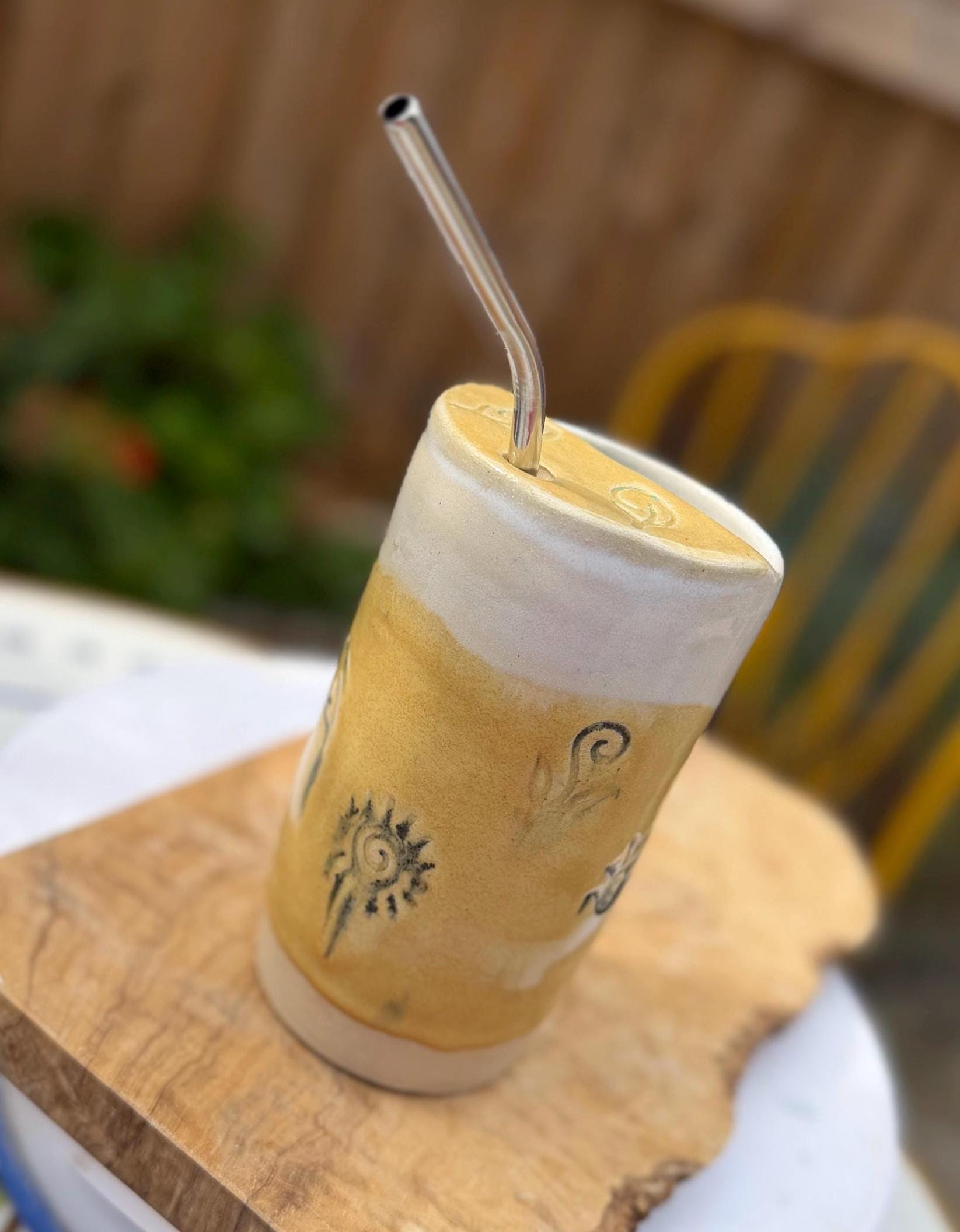 Handmade Ceramic Travel Mug with Metal Straw, Stoneware Reusable Coffee Cup 350ml yellow sun