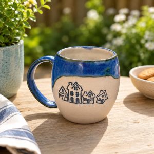 Handmade Blue Ceramic Mug with House Design, 350ml