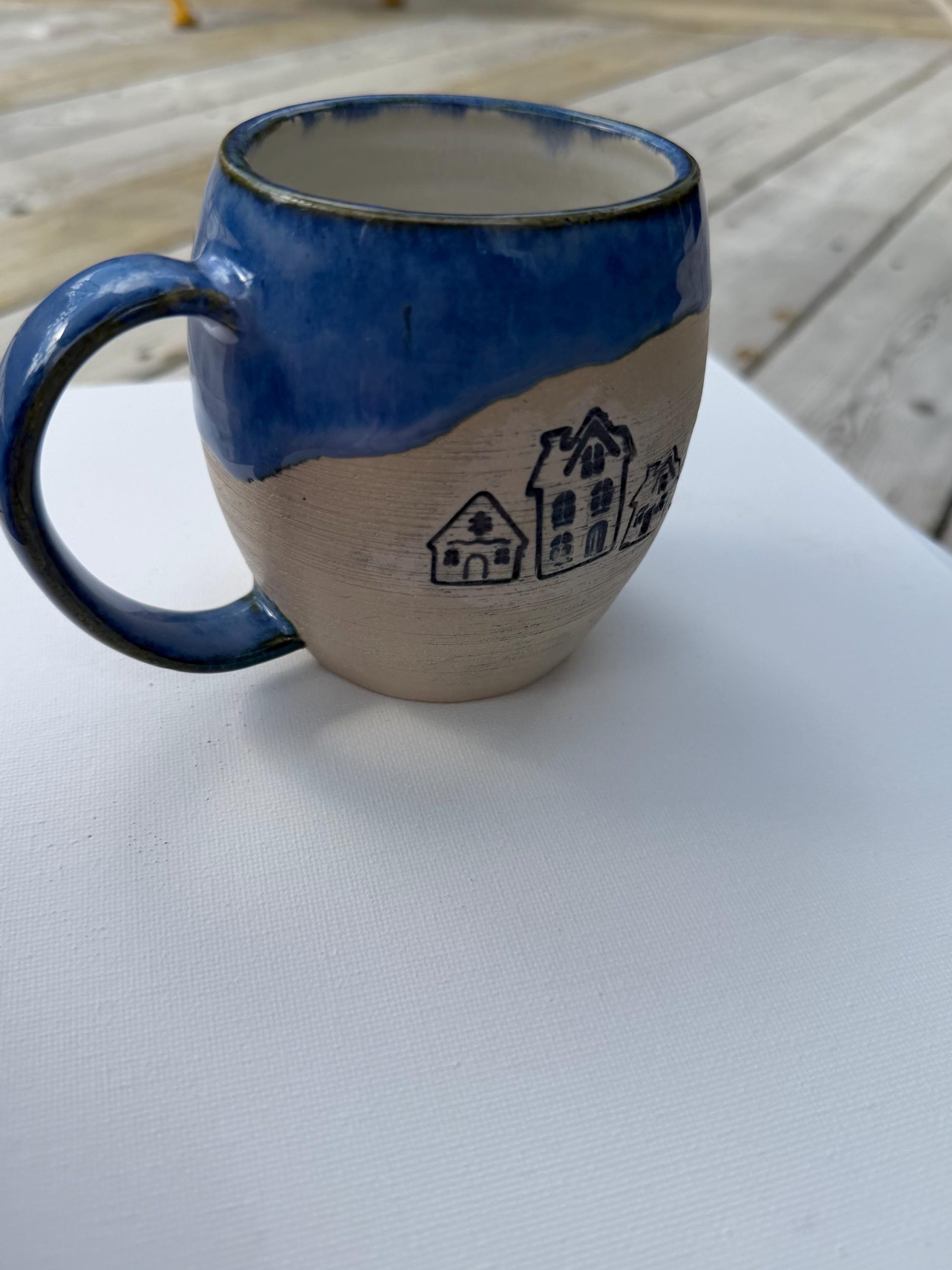Handmade Blue Ceramic Mug with House Design, 350ml - Image 14