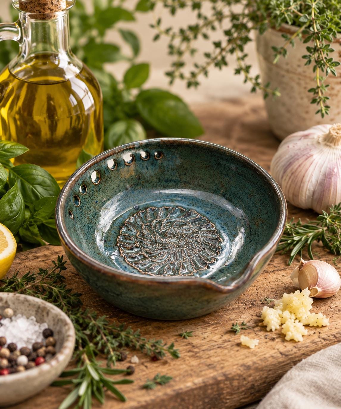 Handmade Ceramic Garlic Grater & Herb Stripper Bowl | Ginger Grater | Wheel-Thrown Kitchen Tool