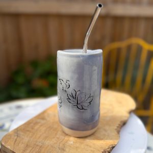 Handmade Ceramic Tumbler, Yellow Stoneware Cup with Reusable Straw, Pottery Coffee Mug