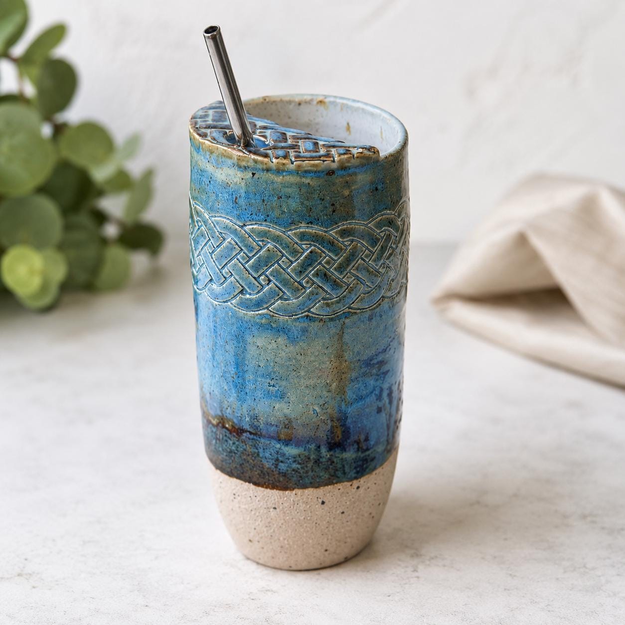 Celtic Knot Handmade Ceramic Travel Mug, Blue Stoneware Cup with Reusable Metal Straw
