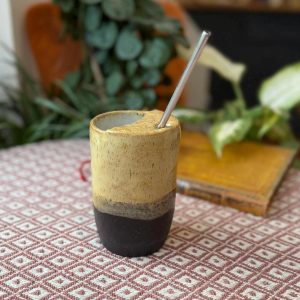 Handmade Ceramic Tumbler, Yellow Stoneware Cup with Reusable Straw, Pottery Coffee Mug