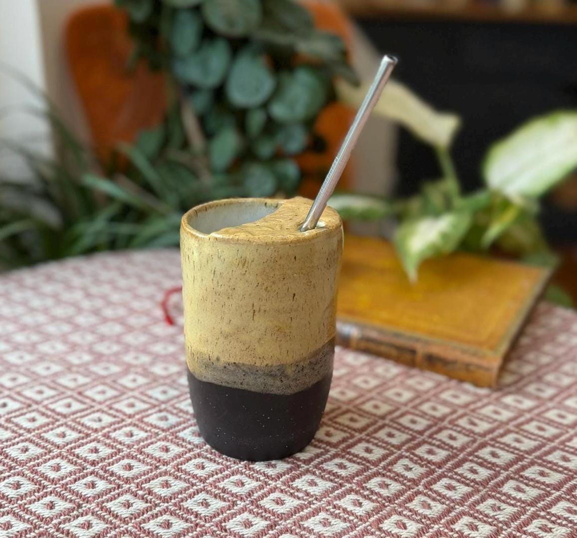 Handmade Ceramic Tumbler, Yellow Stoneware Cup with Reusable Straw, Pottery Coffee Mug