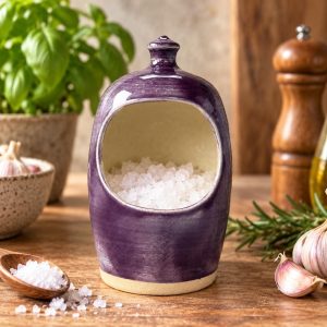 Handmade Purple Stoneware Salt Pig, Kitchen Salt Cellar with Spoon