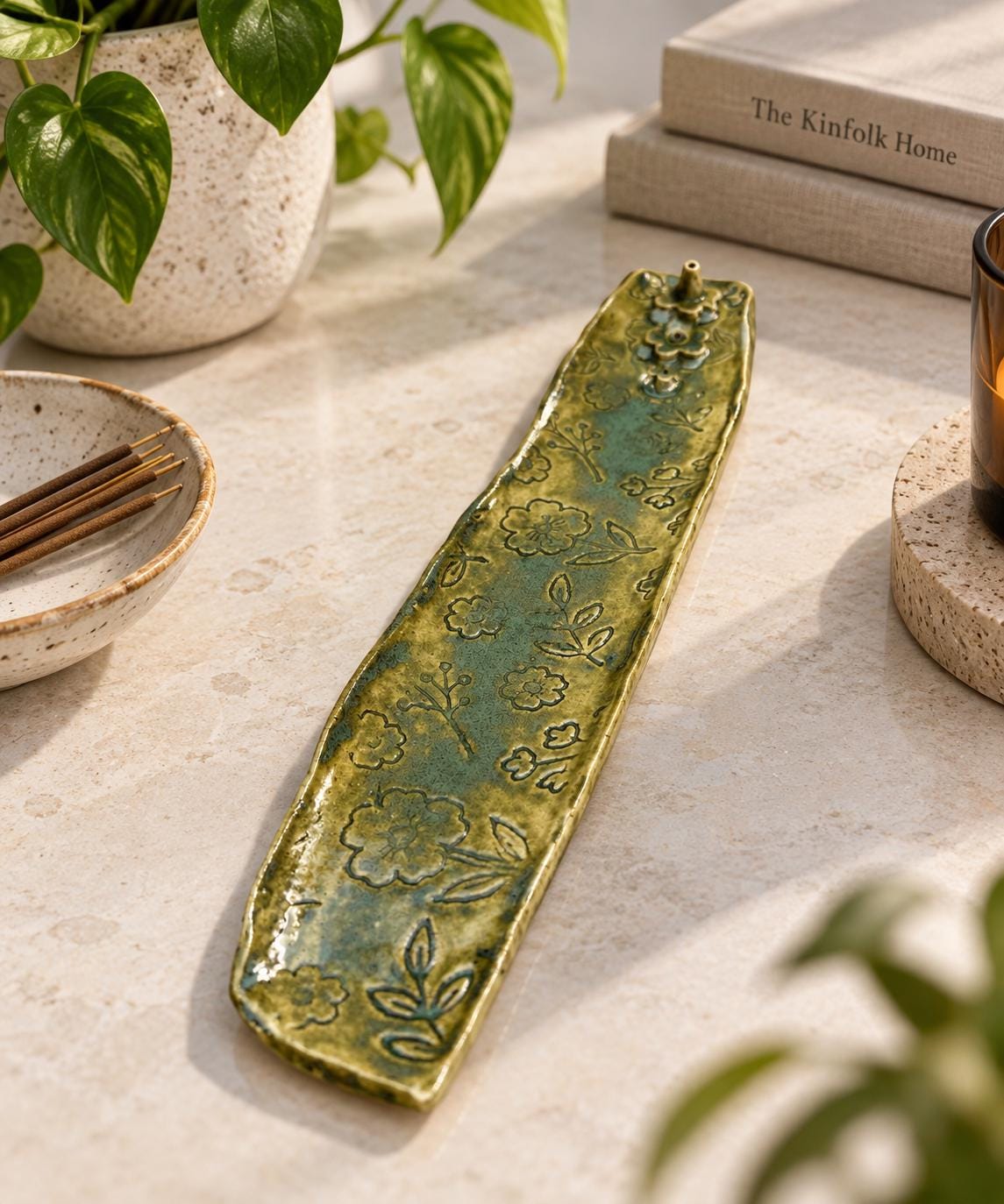 Handmade Ceramic Incense Burner, Green Incense Holder, Pottery Deco