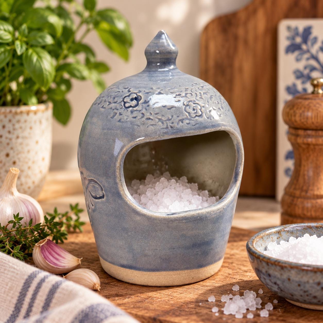 Handmade Blue Stoneware Salt Pig, Kitchen Salt Holder