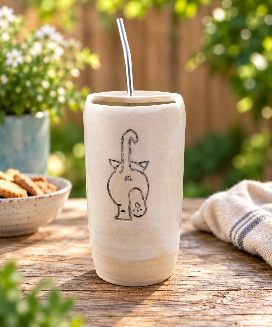 Handmade Ceramic Travel Mug with Metal Straw, Stoneware Reusable Coffee Cup 350ml