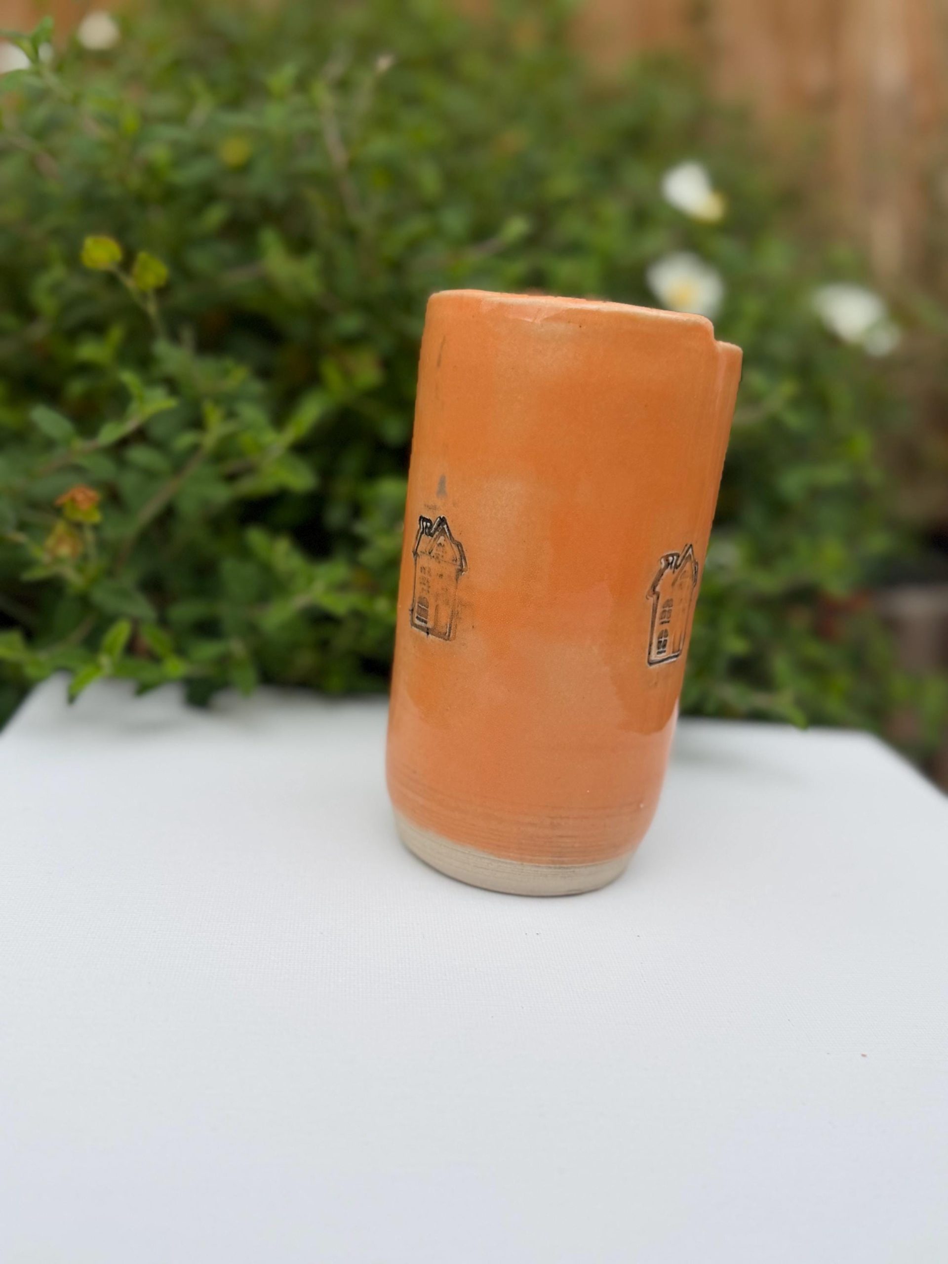 Handmade Ceramic Travel Mug with Metal Straw, Stoneware Reusable Coffee Cup 350ml orange house - Image 8
