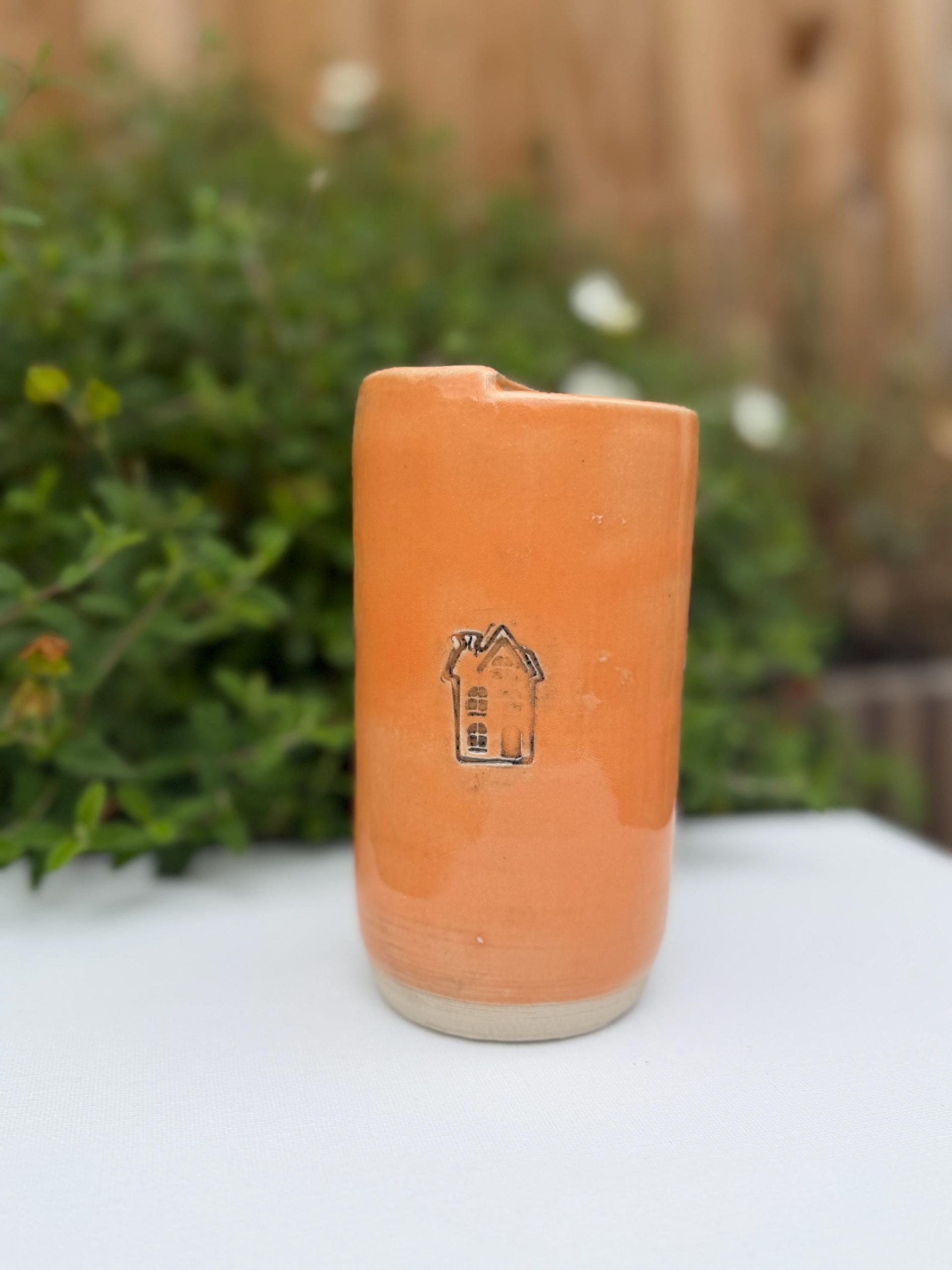Handmade Ceramic Travel Mug with Metal Straw, Stoneware Reusable Coffee Cup 350ml orange house - Image 11