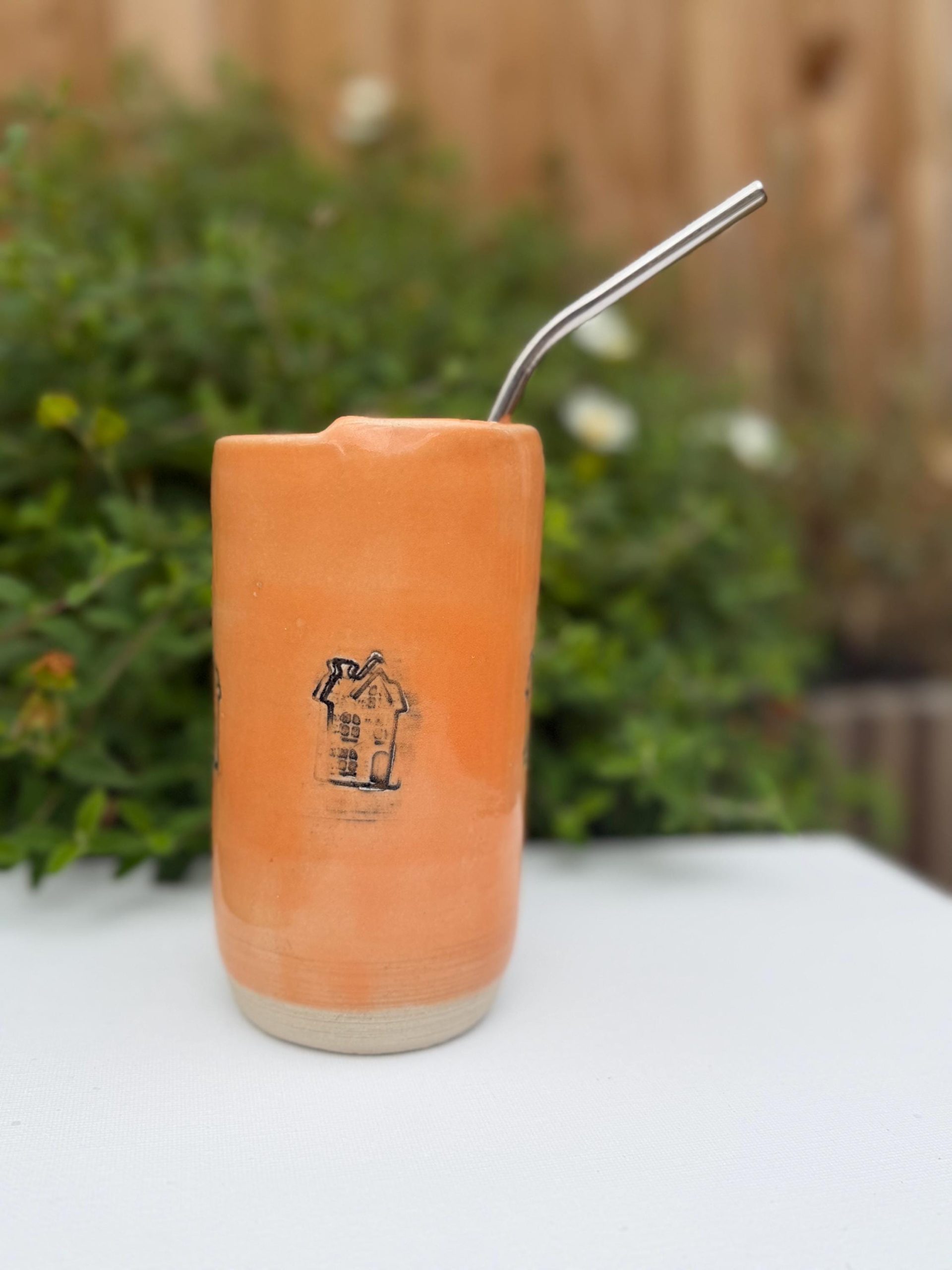 Handmade Ceramic Travel Mug with Metal Straw, Stoneware Reusable Coffee Cup 350ml orange house - Image 5