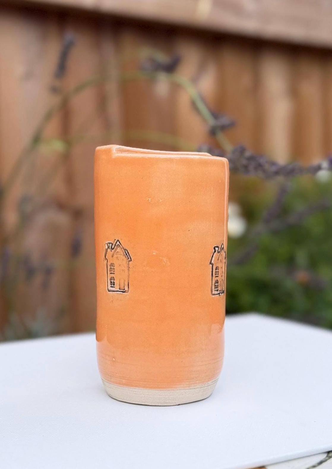 Handmade Ceramic Travel Mug with Metal Straw, Stoneware Reusable Coffee Cup 350ml orange house - Image 4
