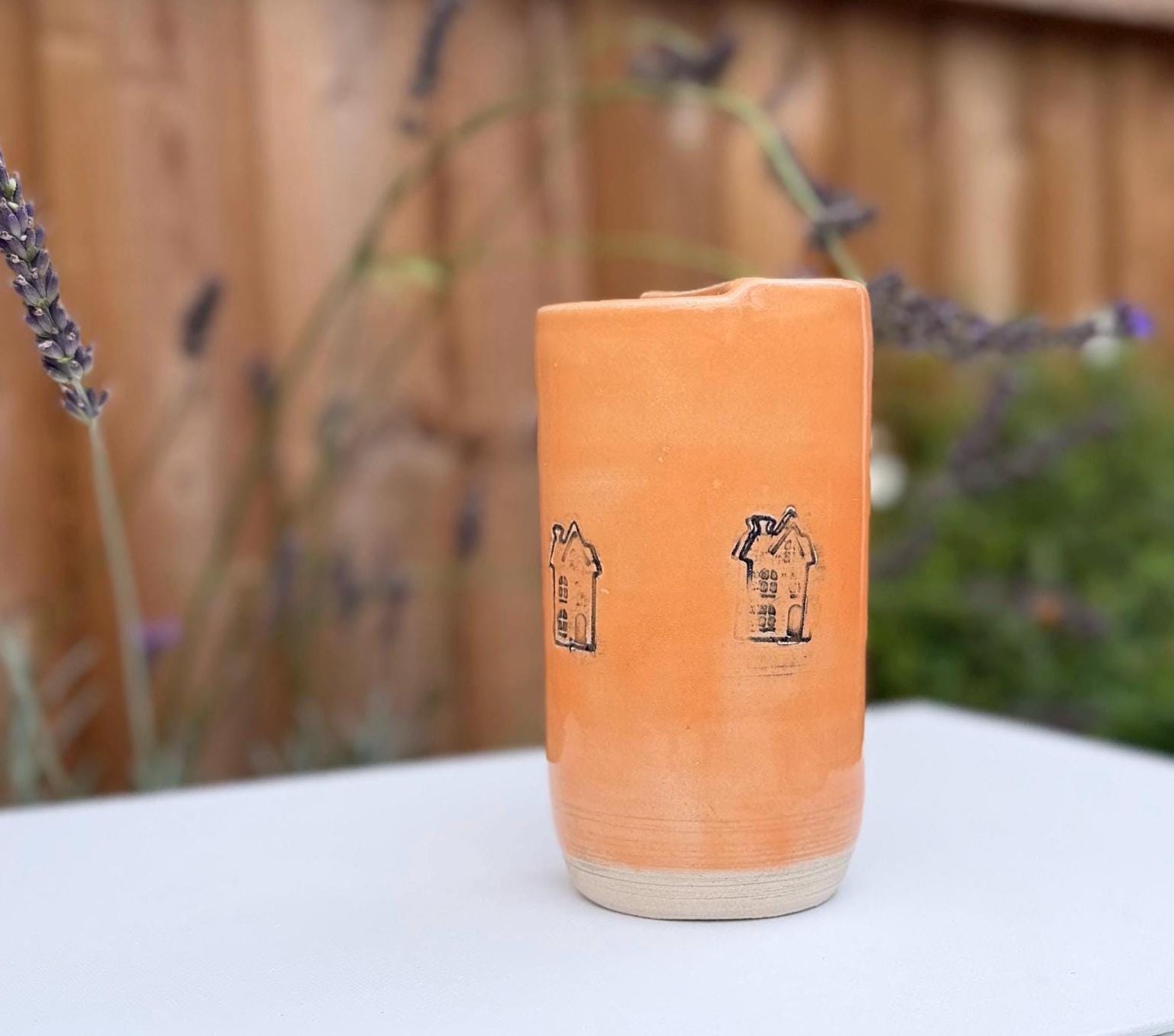 Handmade Ceramic Travel Mug with Metal Straw, Stoneware Reusable Coffee Cup 350ml orange house - Image 13