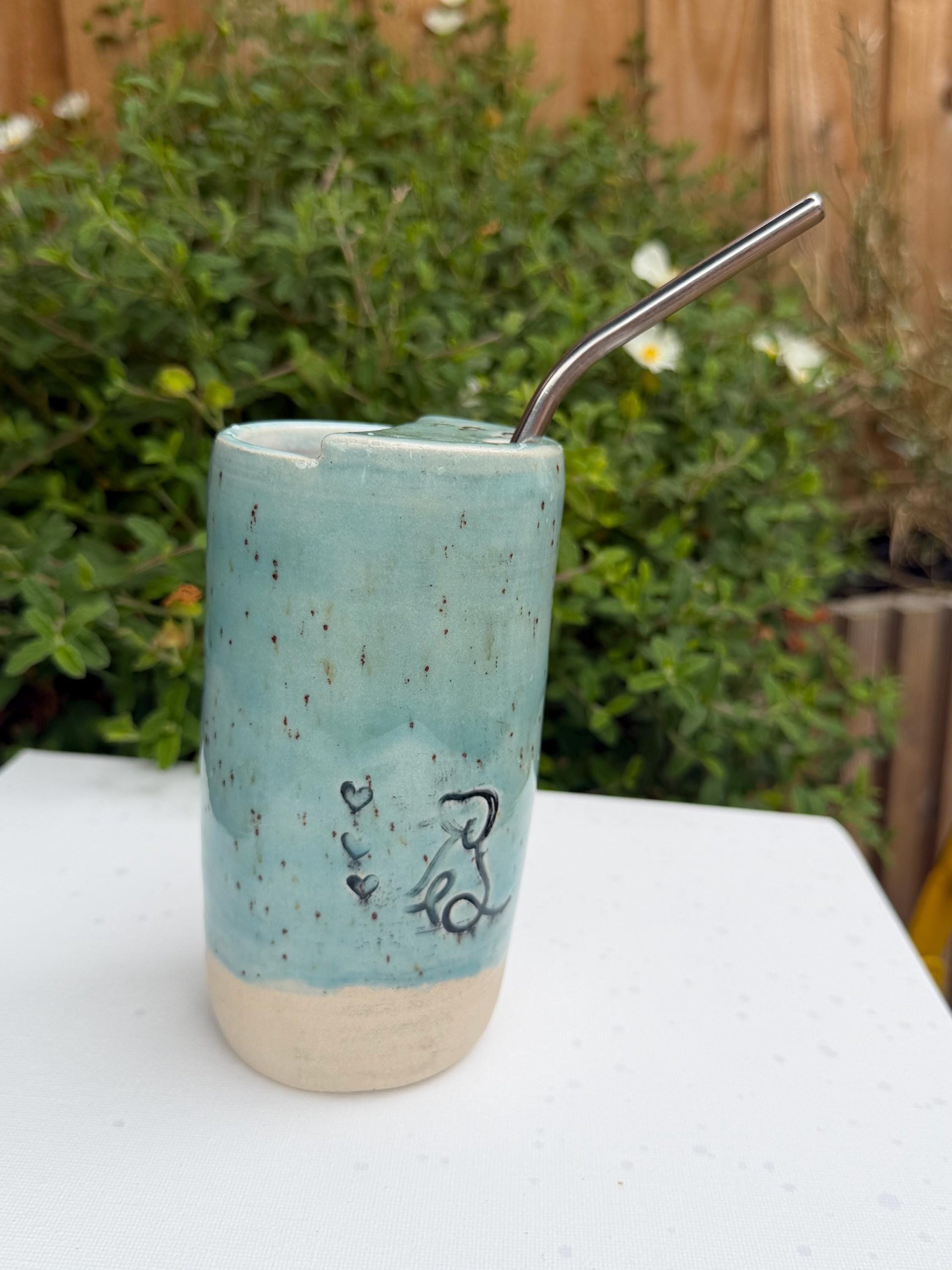 Handmade Ceramic Travel Mug with Metal Straw, Stoneware Reusable Coffee Cup, Puppy Love - Image 14