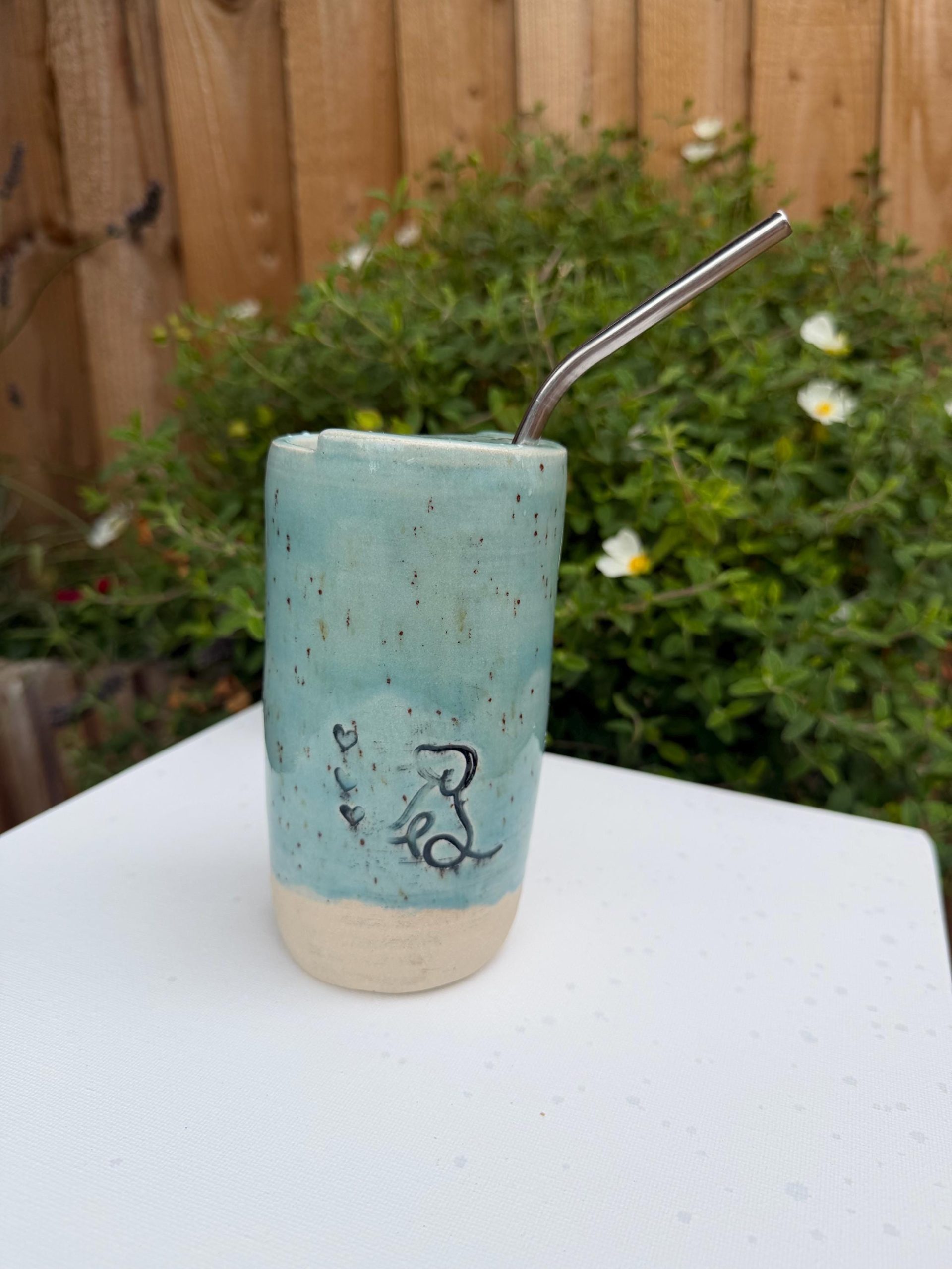 Handmade Ceramic Travel Mug with Metal Straw, Stoneware Reusable Coffee Cup, Puppy Love - Image 2