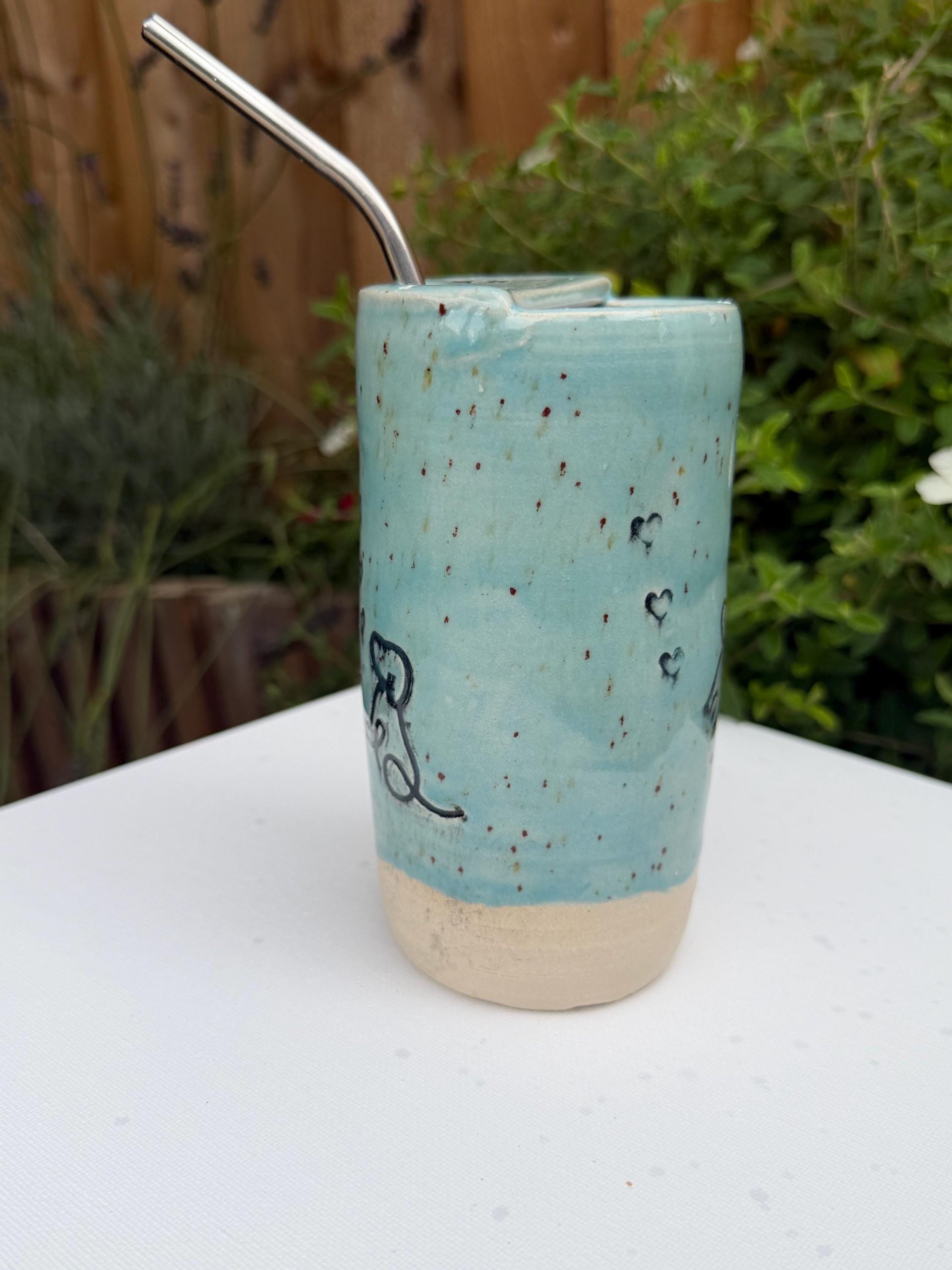 Handmade Ceramic Travel Mug with Metal Straw, Stoneware Reusable Coffee Cup, Puppy Love - Image 9