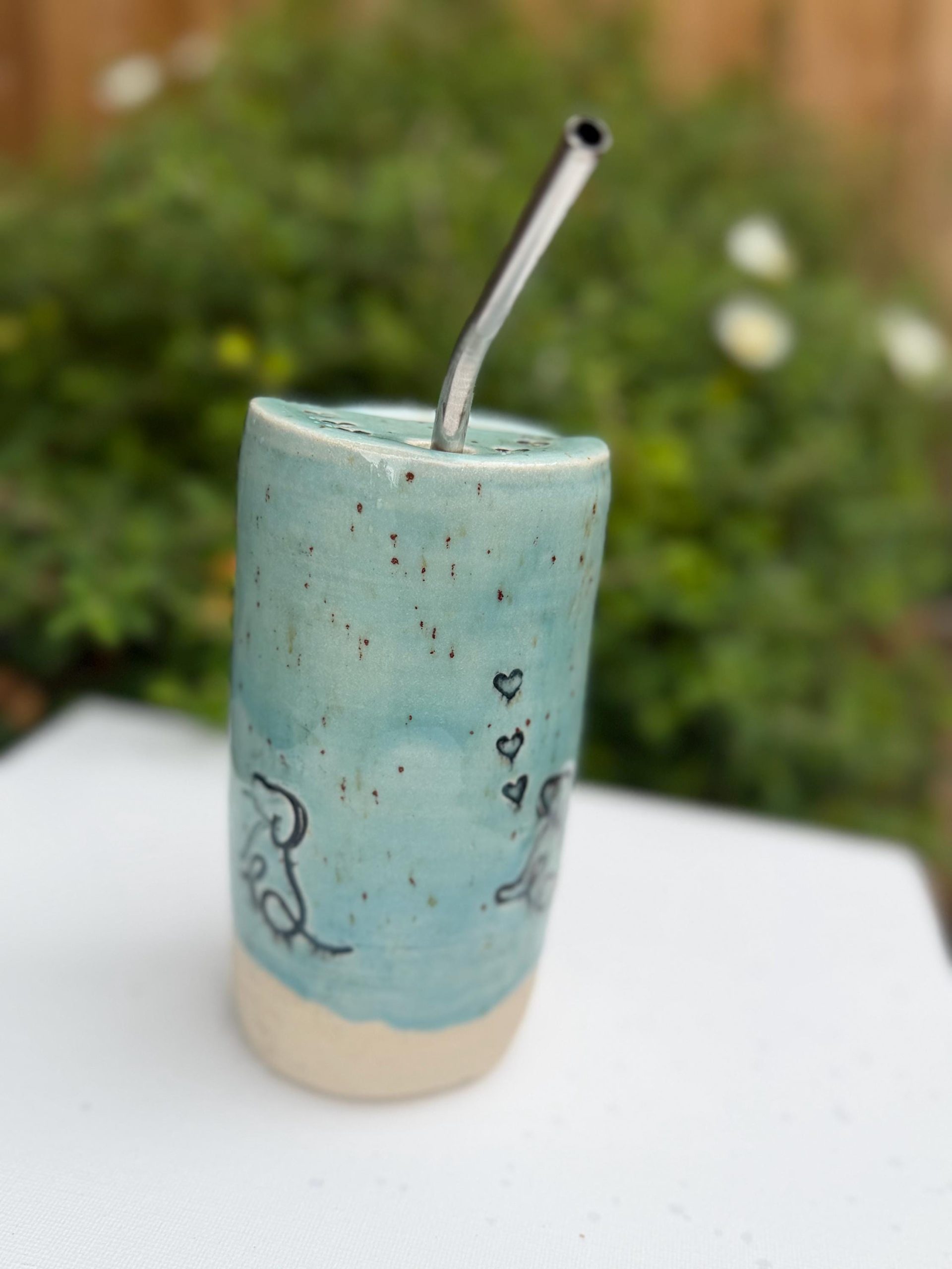 Handmade Ceramic Travel Mug with Metal Straw, Stoneware Reusable Coffee Cup, Puppy Love - Image 16