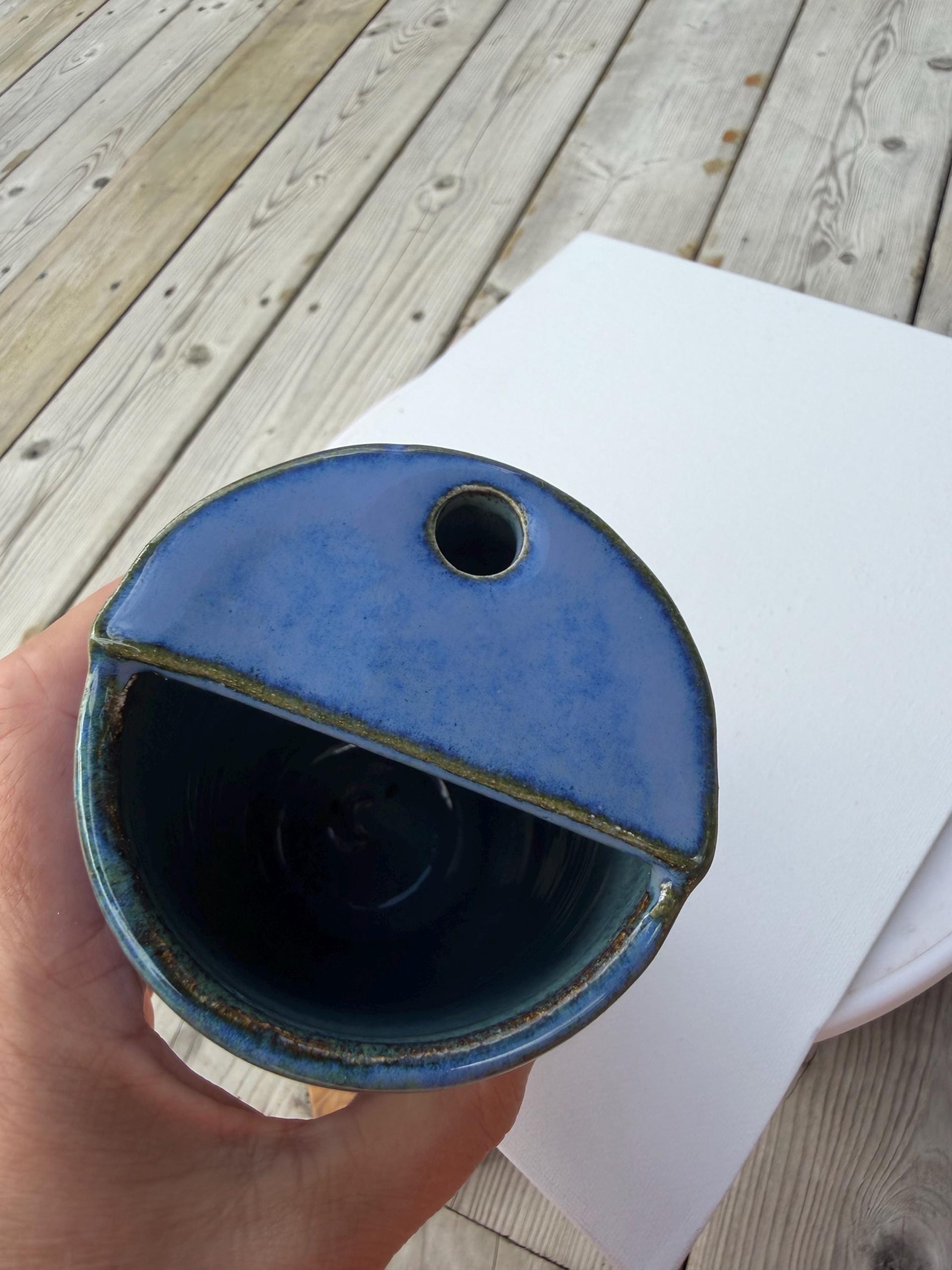 Handmade Blue Ceramic Travel Mug with House Motif & Metal Straw - Image 10