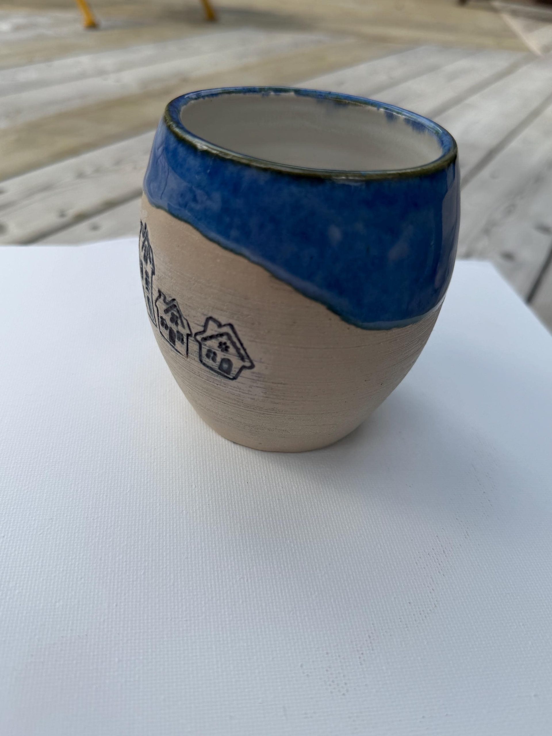 Handmade Blue Ceramic Mug with House Design, 350ml - Image 4