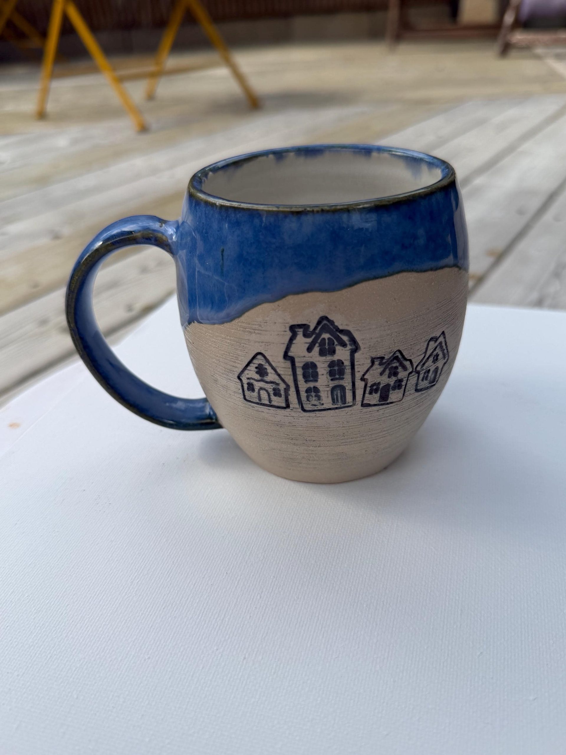 Handmade Blue Ceramic Mug with House Design, 350ml - Image 6