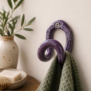 Handmade Ceramic Wall Hook, Purple Pottery Hanger, Sculptural Coat Hook, Heart motif