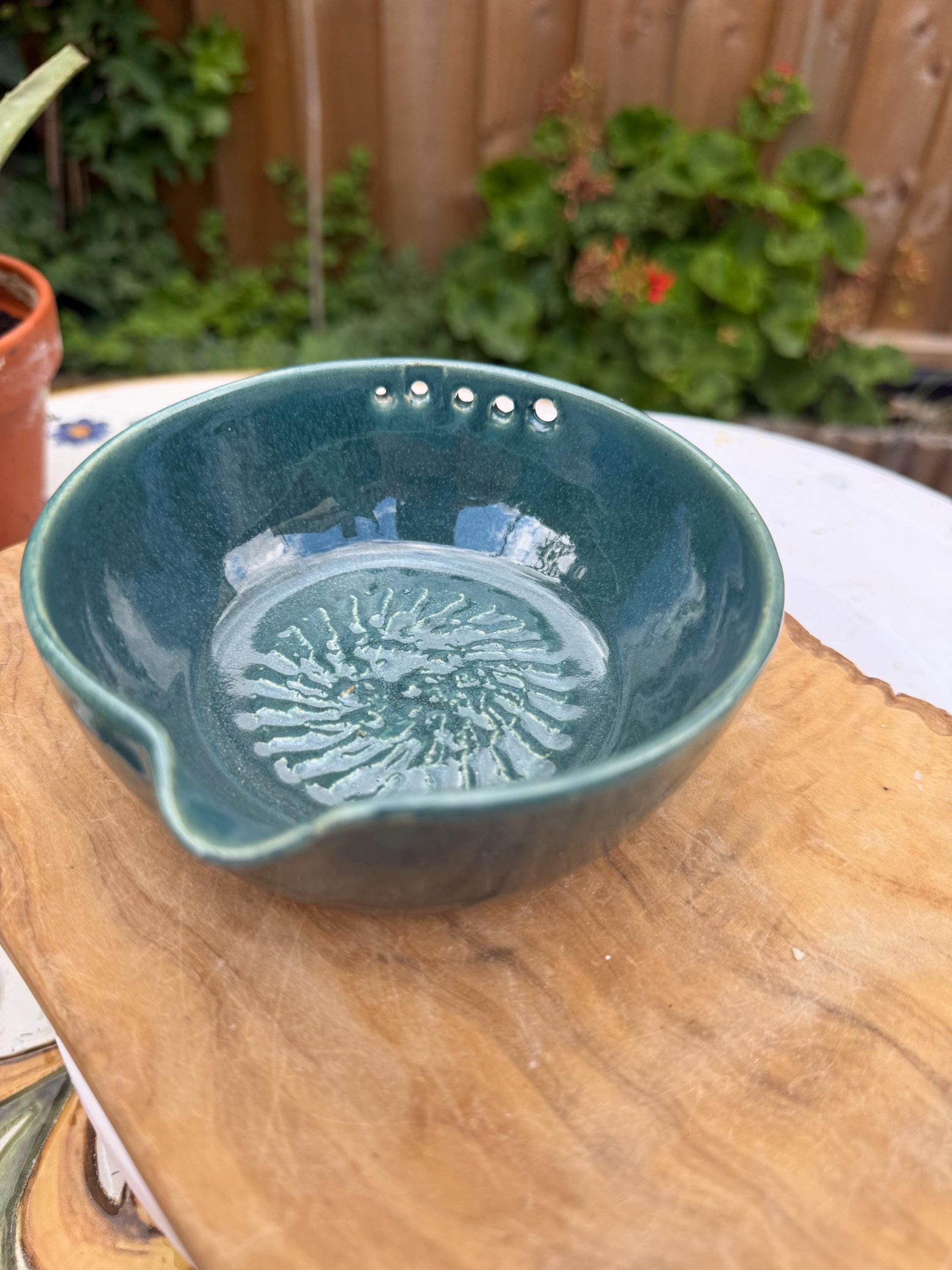 Handmade Ceramic Garlic Grater & Herb Stripper Bowl Aqua | Ginger Grater | Wheel-Thrown Kitchen Tool