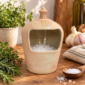 Handmade Pink Stoneware Salt Pig, Floral Design, Kitchen Salt Holder