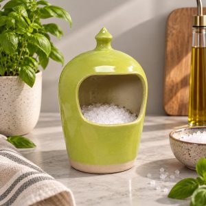 Handmade Green Stoneware Salt Pig, Kitchen Salt Holder