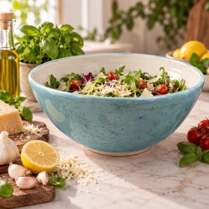 Large Ceramic Salad Bowl with Built-In Grater, Handmade Stoneware 4 Litre
