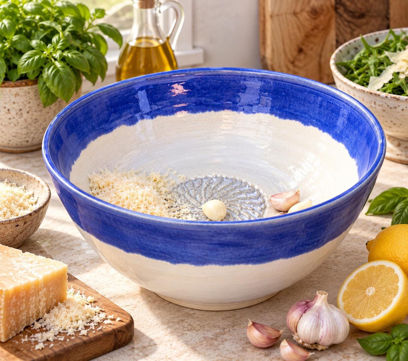 Large Ceramic Salad Bowl with Built-In Grater, Handmade Stoneware 3.2 Litre