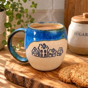Handmade Blue Ceramic Mug with House Design, 350ml