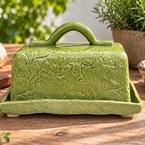 Handmade Ceramic Butter Dish, Green Stoneware Butter Keeper with Lid