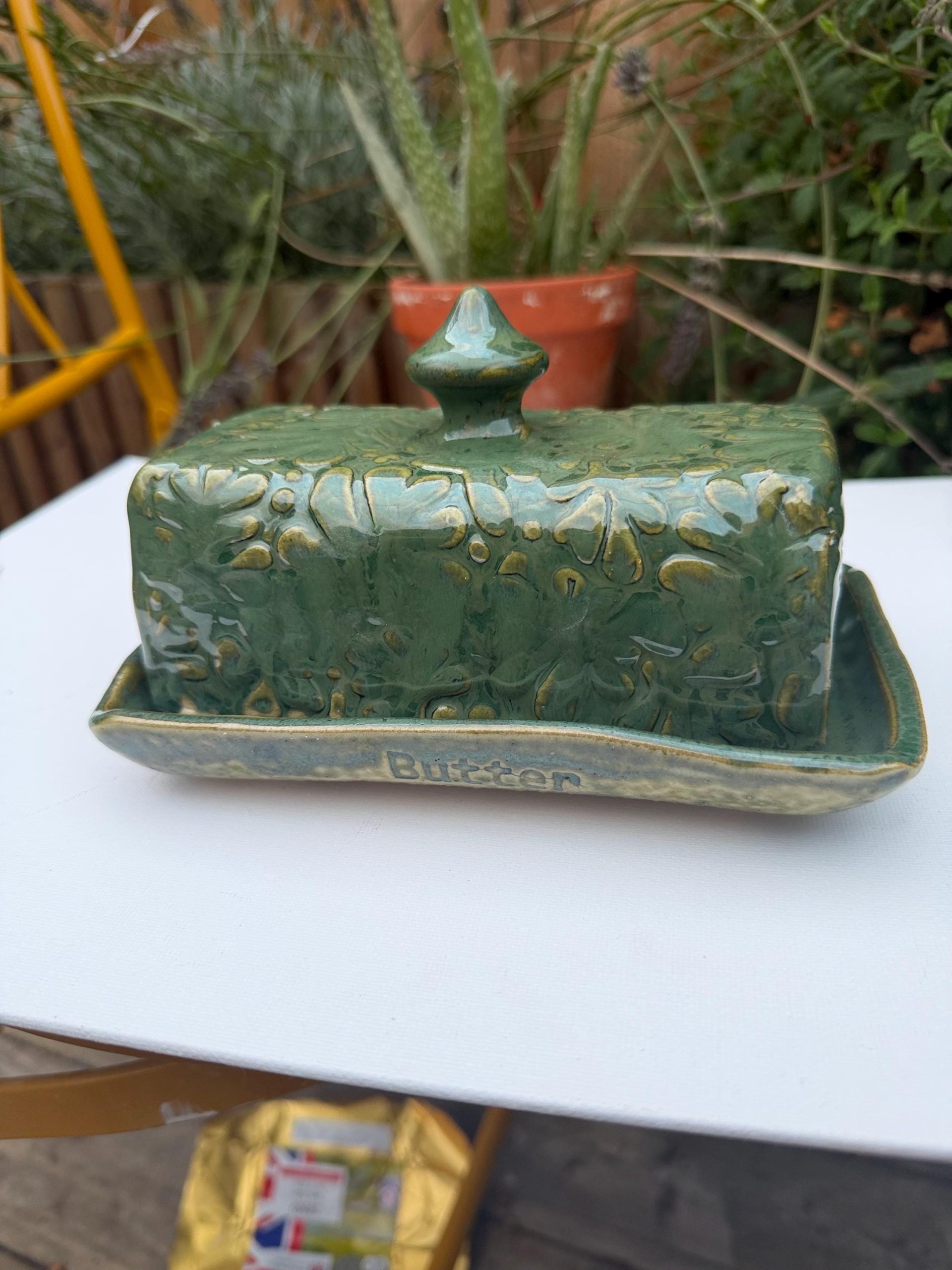 Large Handmade Ceramic Butter Dish, Green Stoneware Butter Keeper with Lid
