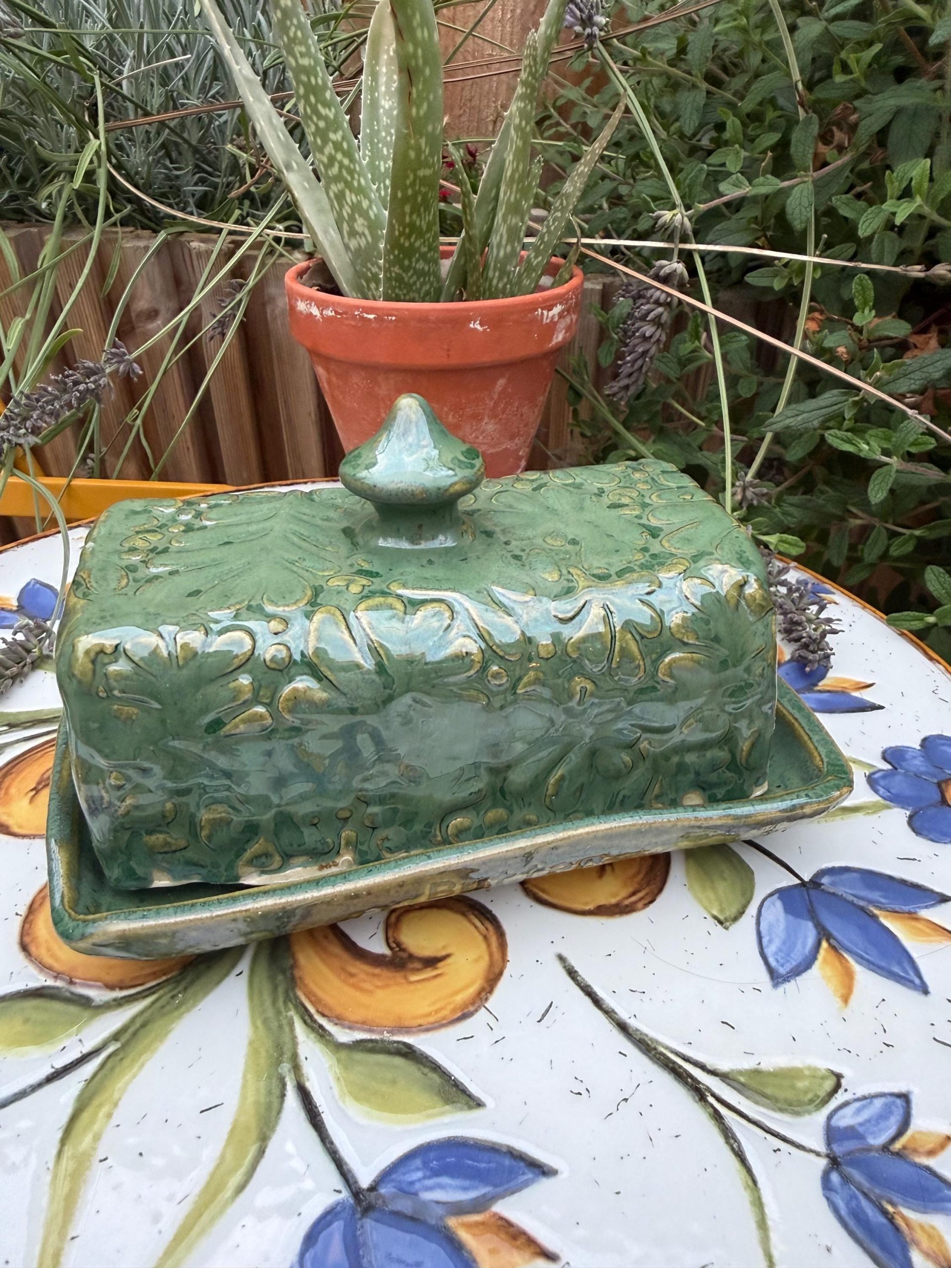 Large Handmade Ceramic Butter Dish, Green Stoneware Butter Keeper with Lid - Image 11