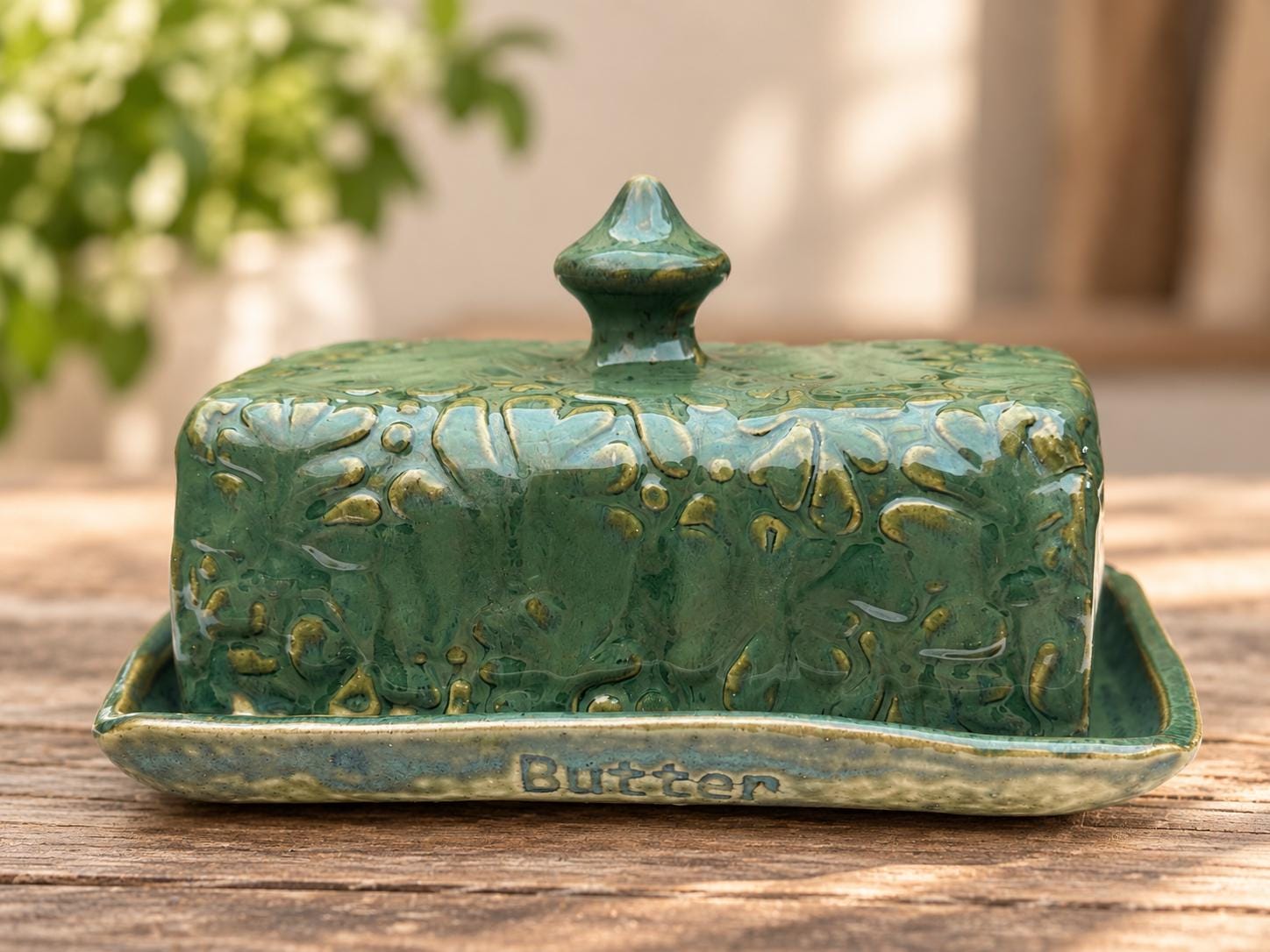 Large Handmade Ceramic Butter Dish, Green Stoneware Butter Keeper with Lid - Image 3