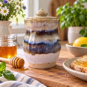 Handmade Stoneware Honey Pot, Blue Green Glaze, 500ml Kitchen Gift