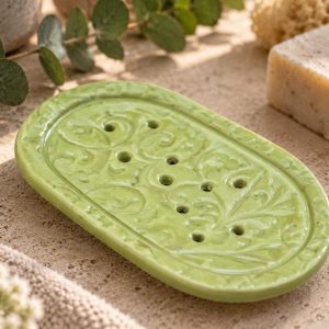 Handmade Green Ceramic Soap Dish, Floral Embossed Stoneware, Self-Draining Pottery Holder