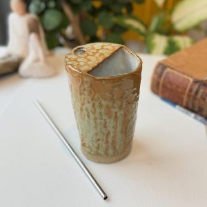 Handmade Stoneware Travel Mug, Brown Beige Glaze, Metal Straw (400ml)