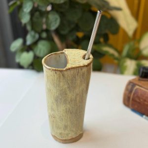 Handmade Stoneware Travel Mug, 400ml Ceramic Cup  smoothie cup with Metal Straw