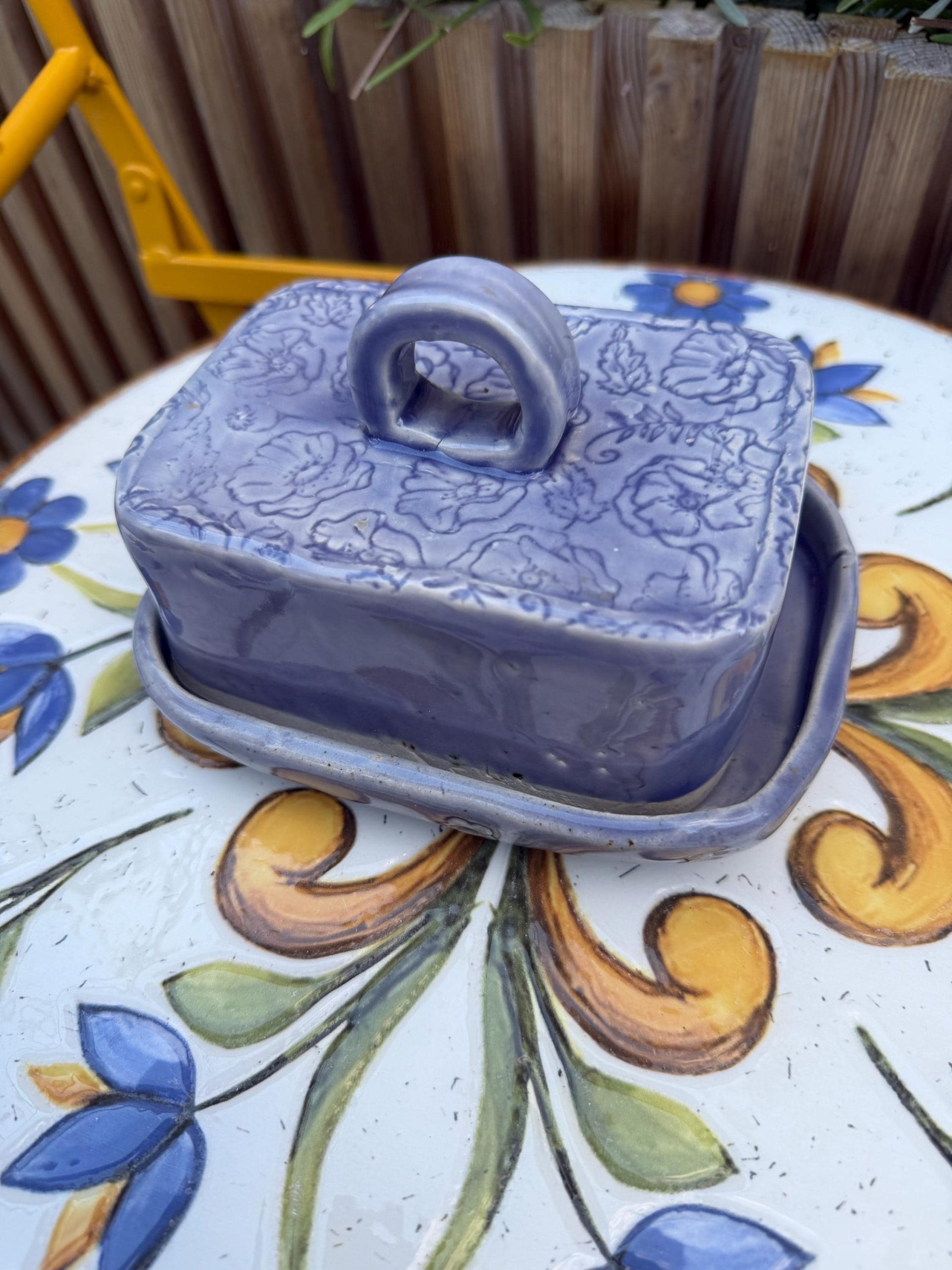 Handmade Ceramic Butter Dish with Lid, Lavender Floral Embossed Pottery, Cottagecore Purple Butter Keeper - Image 4