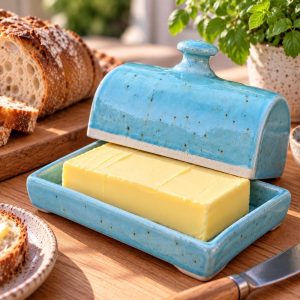 Handmade Blue Ceramic Butter Dish | Glazed Pottery Kitchen Decor