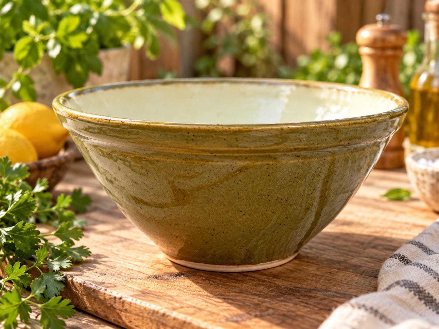 Handmade Ceramic Green Cream Stoneware Mixing Bowl, 1.2L Kitchen Serving Bowl