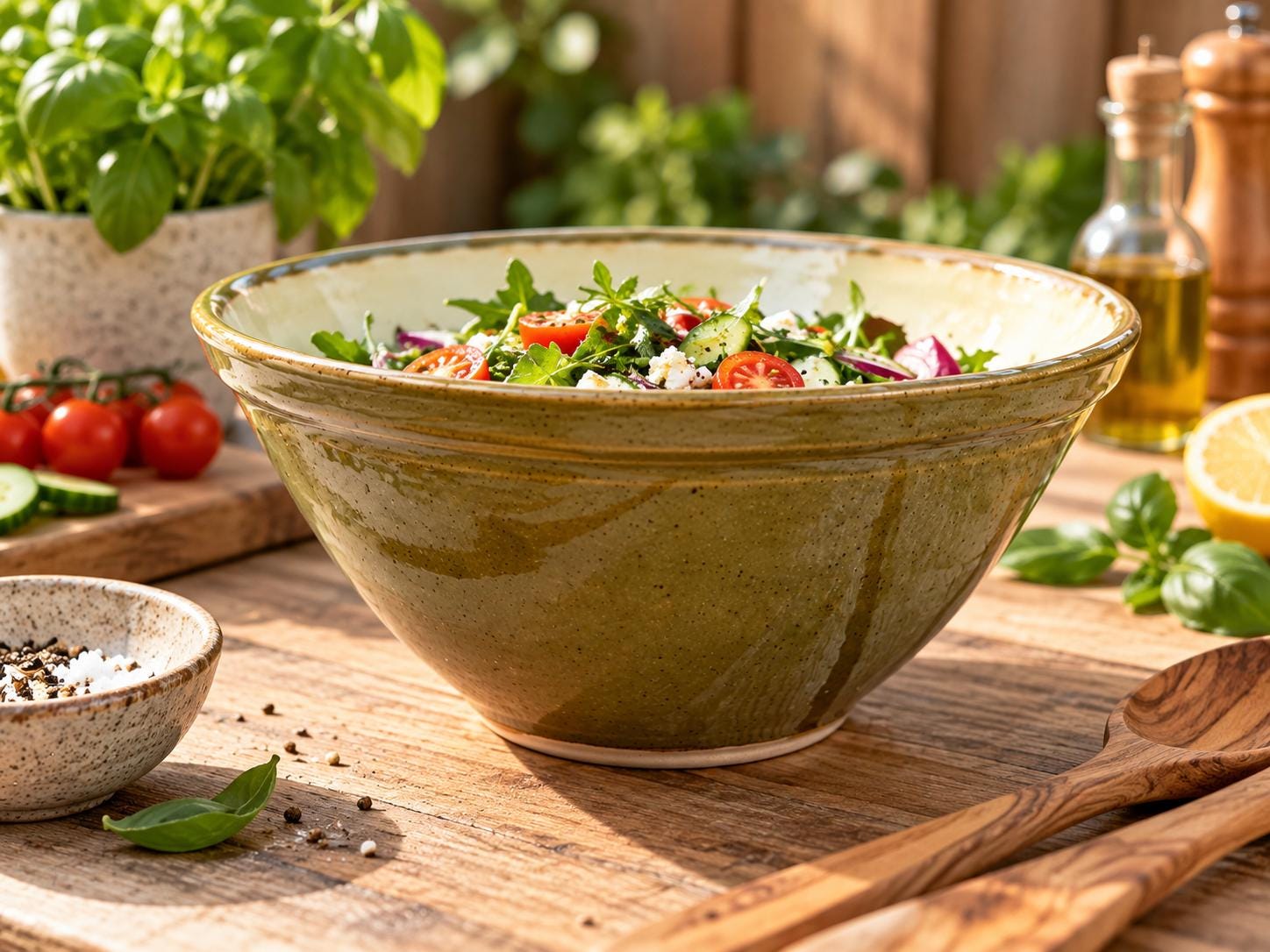 Handmade Ceramic Green Cream Stoneware Mixing Bowl, 1.2L Kitchen Serving Bowl - Image 18