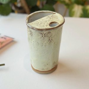 Handmade Stoneware Travel Mug, 250ml Floral Glaze, Metal Straw Included