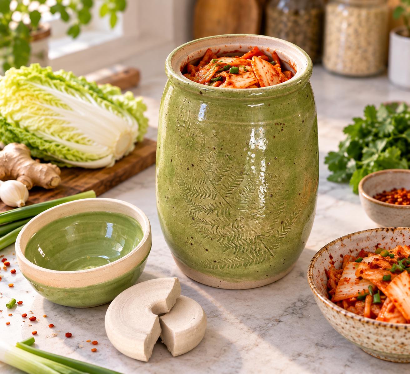 Handmade Ceramic Kimchi Jar, Green Stoneware Crock, Carved Fern Design - Image 2