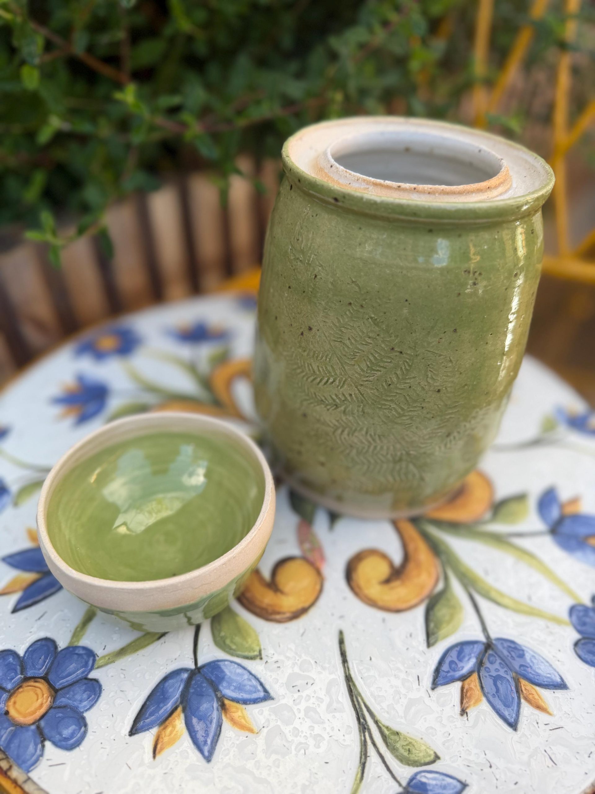 Handmade Ceramic Kimchi Jar, Green Stoneware Crock, Carved Fern Design - Image 14