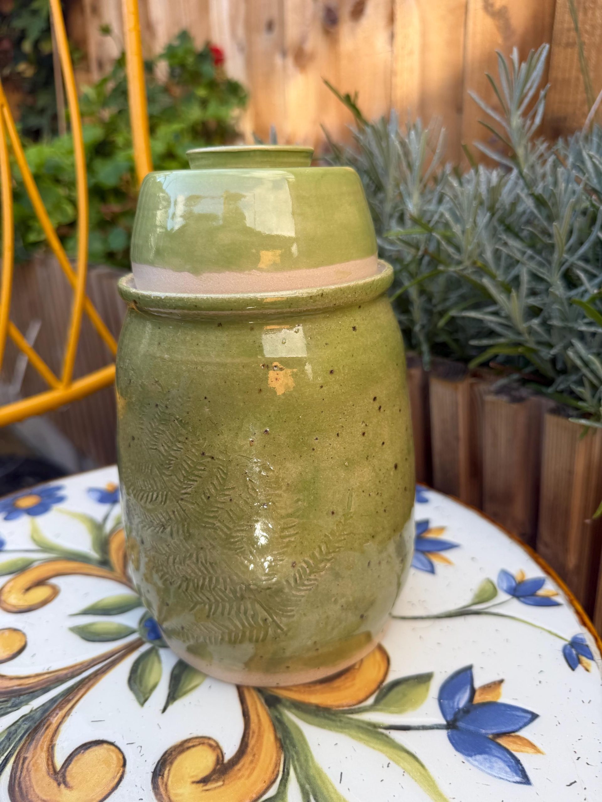 Handmade Ceramic Kimchi Jar, Green Stoneware Crock, Carved Fern Design - Image 20