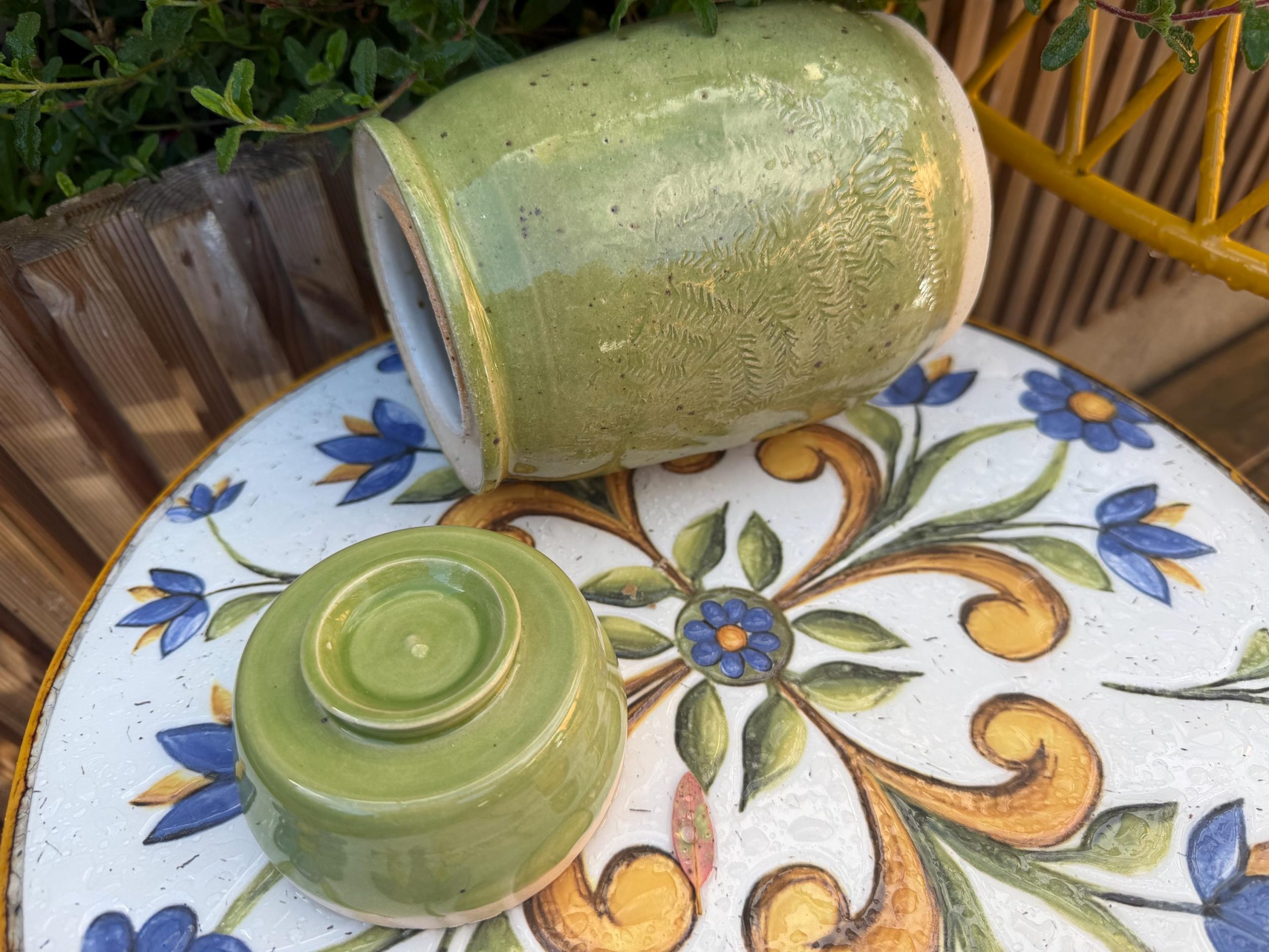 Handmade Ceramic Kimchi Jar, Green Stoneware Crock, Carved Fern Design - Image 16