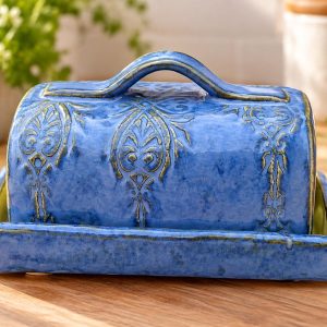 Handmade Blue Ceramic Butter Dish, Pottery Butter Keeper with Lid, Decorative Kitchen Tableware