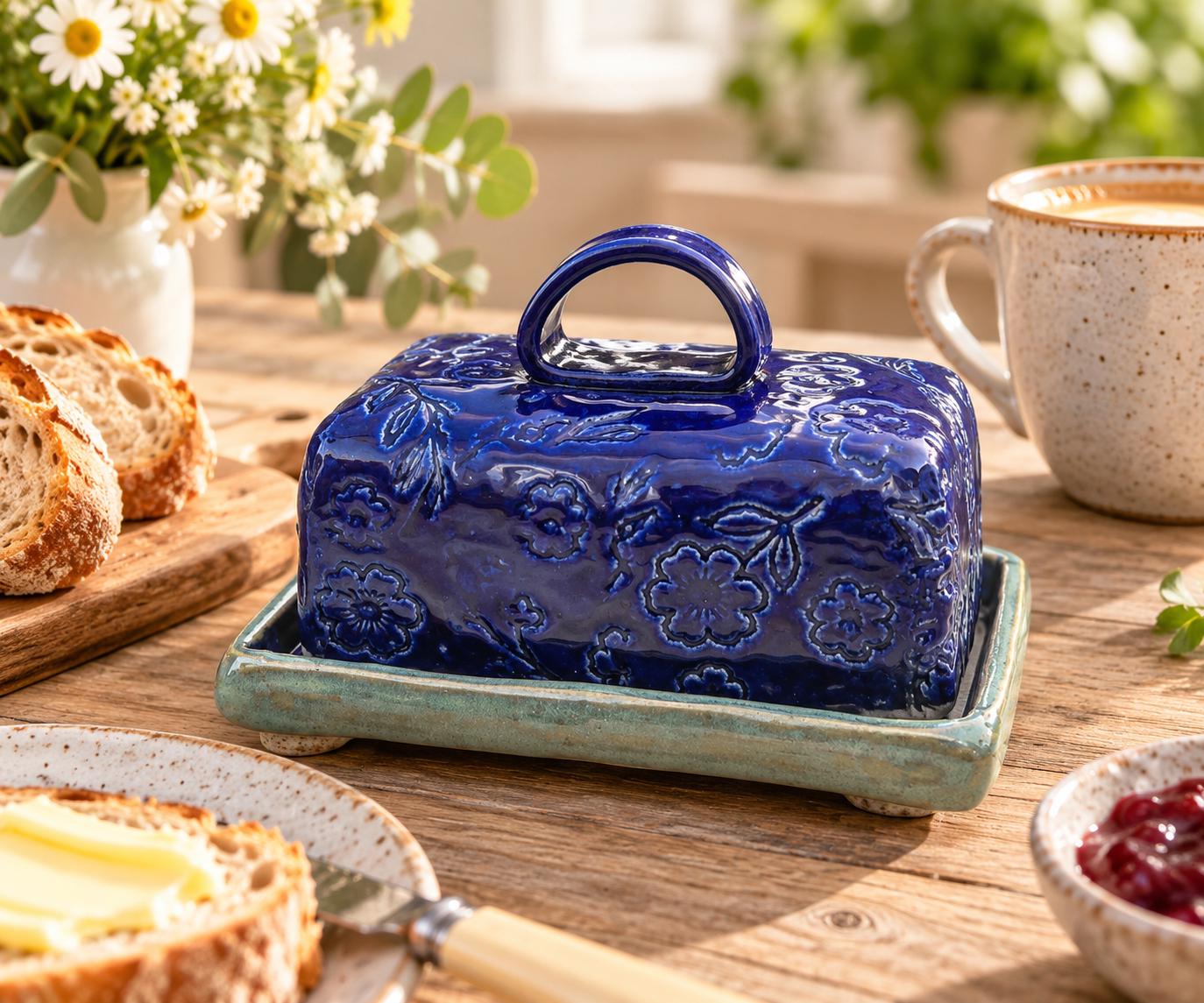 Handmade Blue Ceramic Butter Dish with Lid | Decorative Pottery Butter Keeper